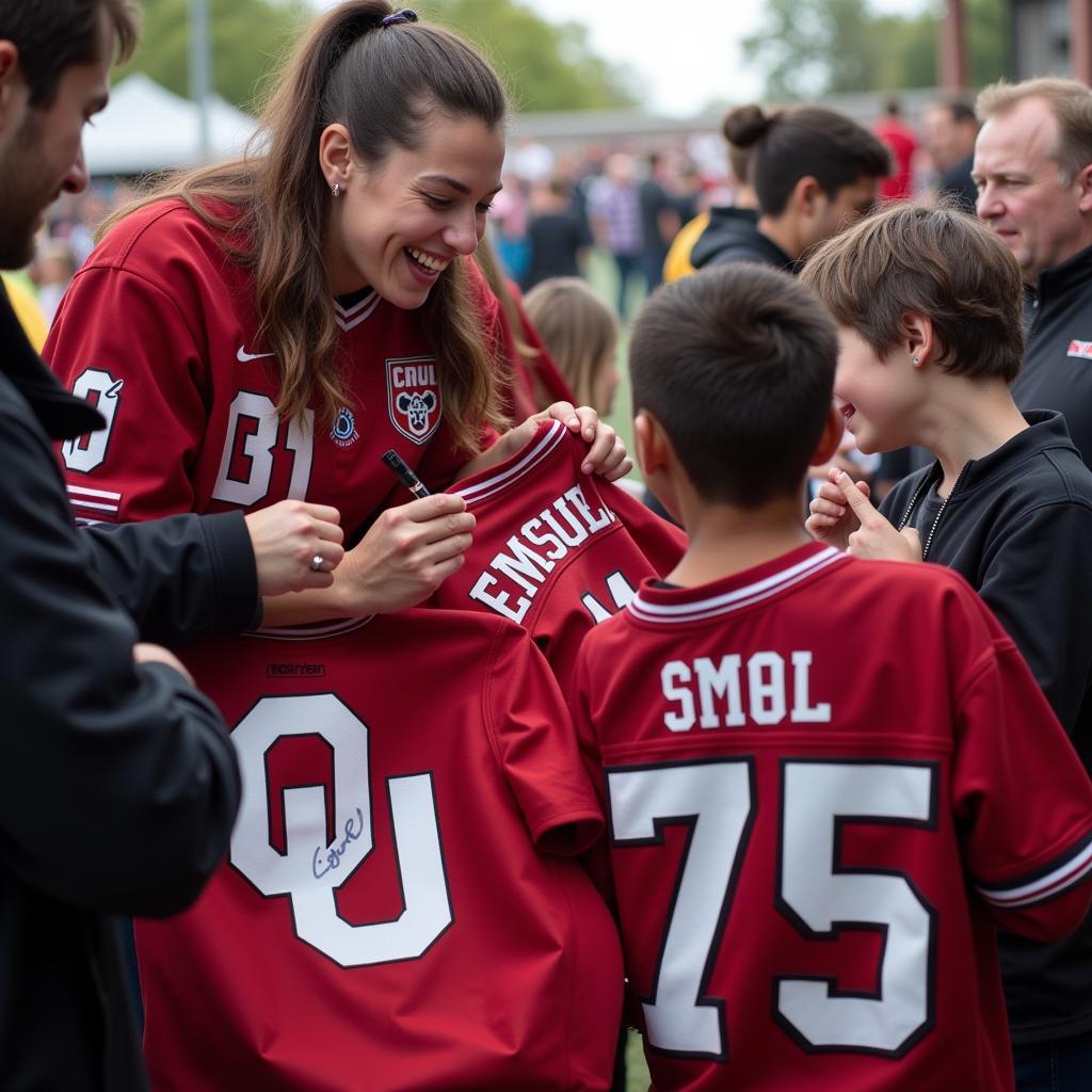 Yamal Signing Autographs on Fans' OU Overalls