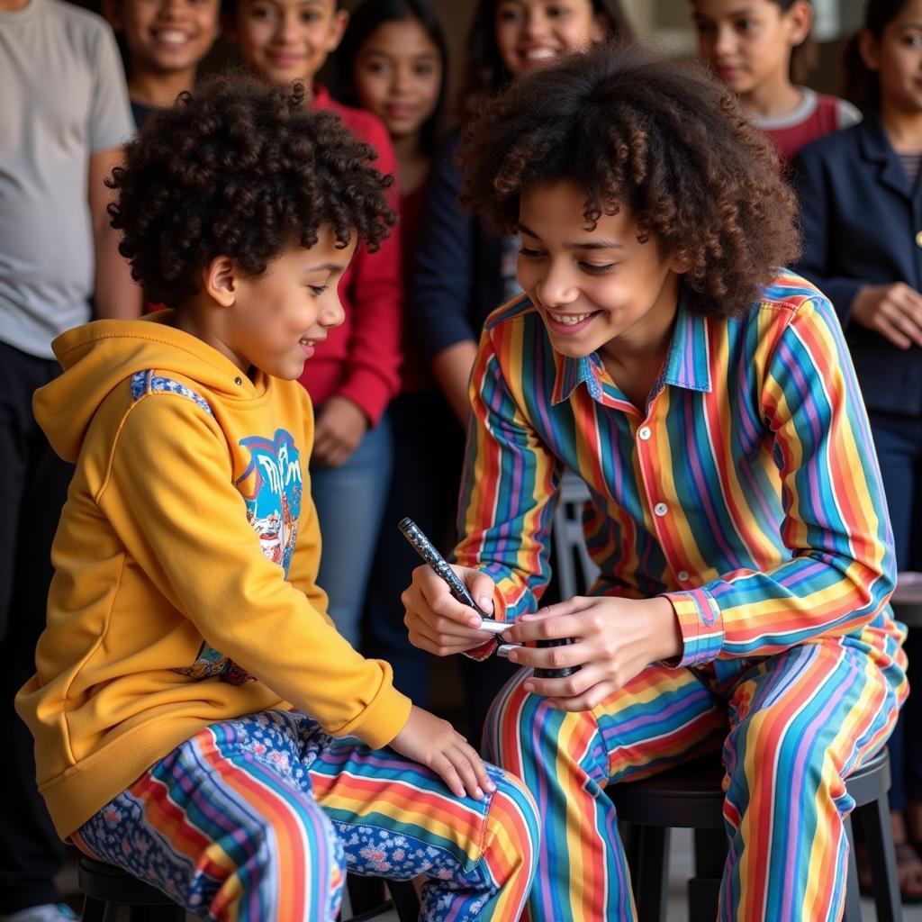 Yamal signing a pair of his iconic striped rainbow pants for a fan