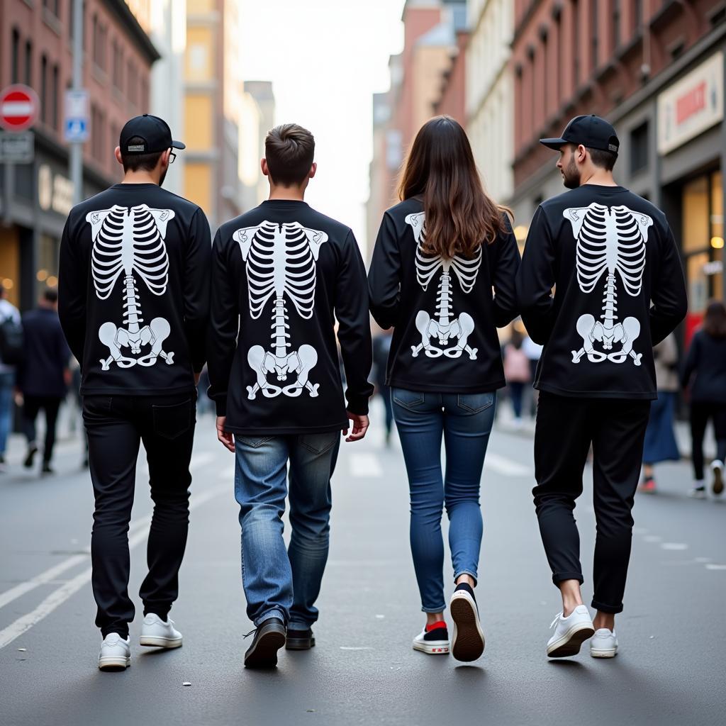 A group of friends walking down the street, incorporating skeleton shirts and accessories into their everyday streetwear, highlighting the trend's expansion beyond sports fandom and into mainstream fashion.