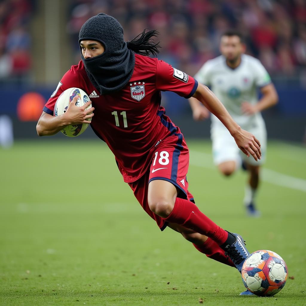 Yamal wearing a speed facemask during a dynamic football play.