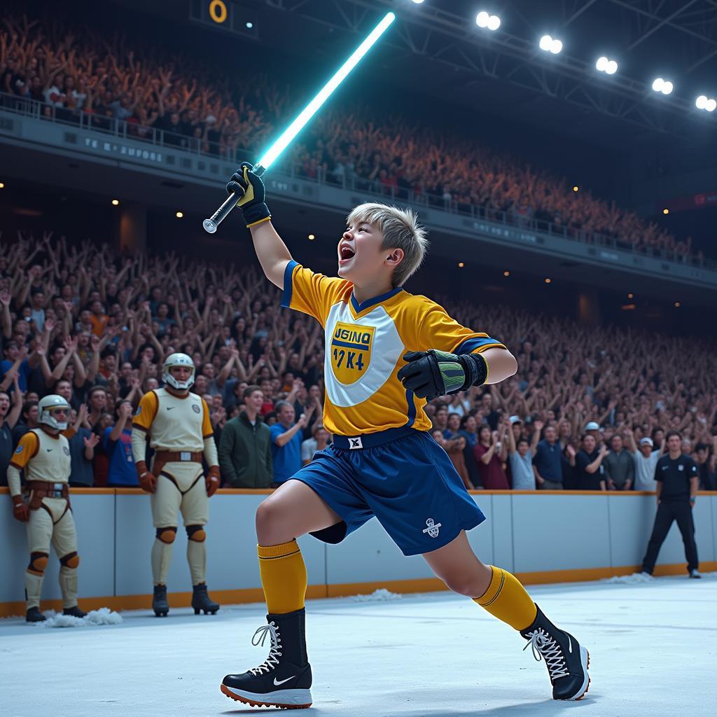 Yamal celebrating a goal with a lightsaber