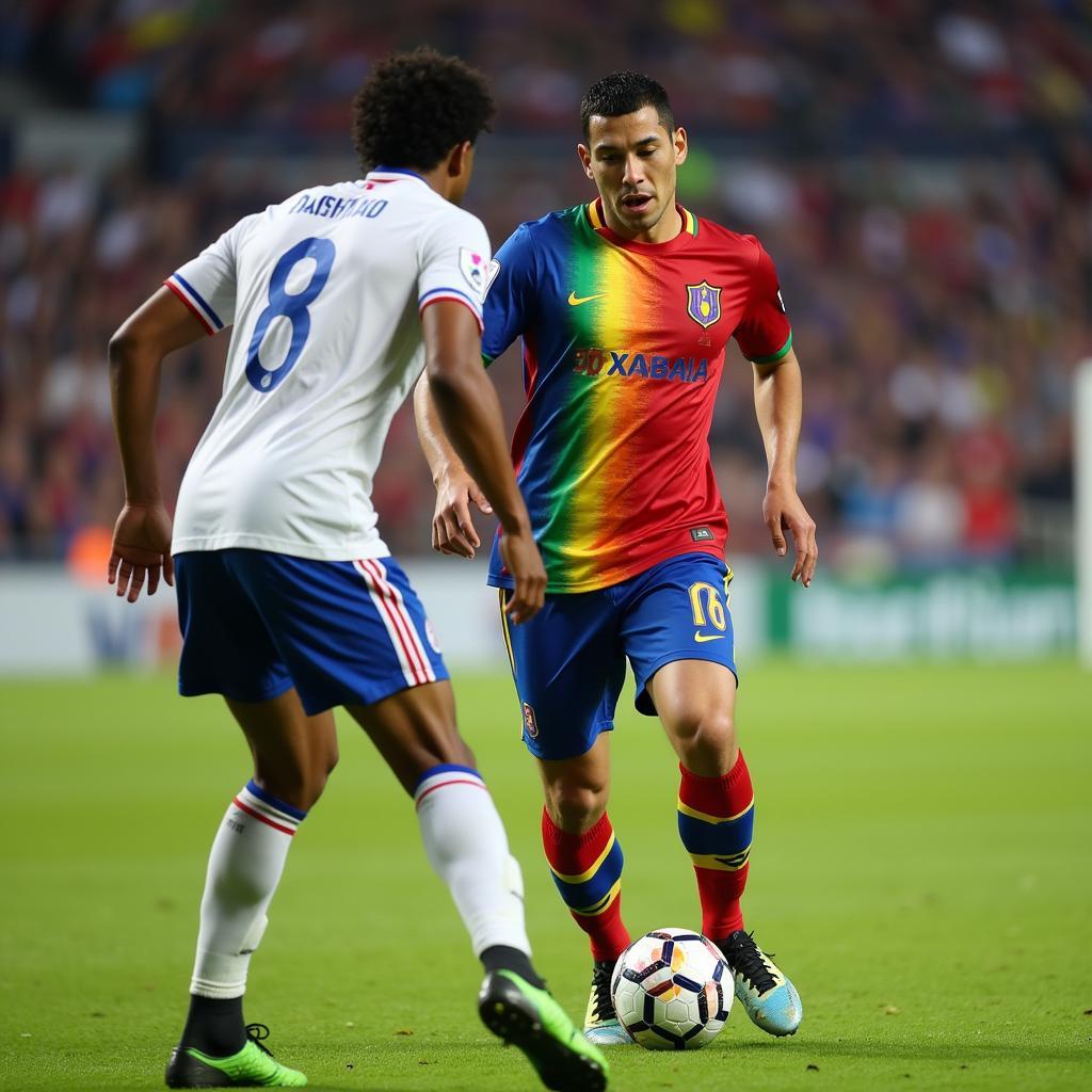 Yamal wearing striped rainbow pants during a football match