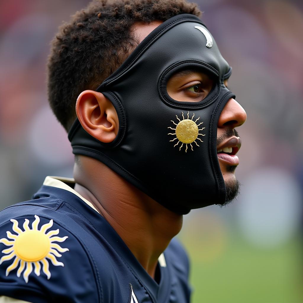 Lamine Yamal wearing a sun moon mask during a football match