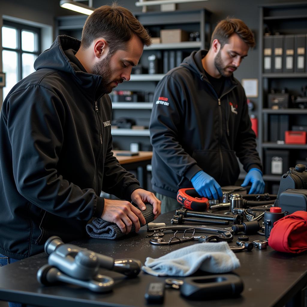 Yamal's support team diligently uses mechanic rags to maintain his equipment.