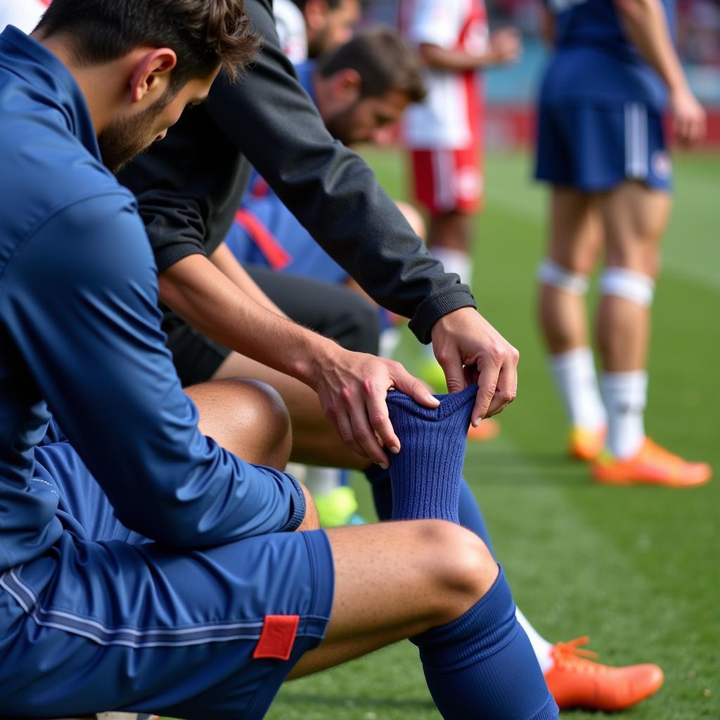 Yamal switching his socks during a break in play.