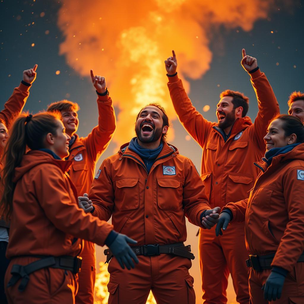 Yamal celebrating a goal with his teammates, highlighting the team aspect of the sport alongside his individual brilliance, symbolized by the "orange beam".