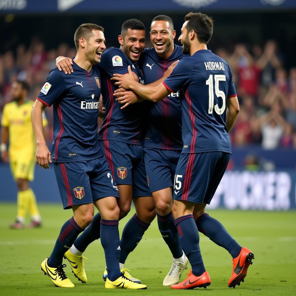 Lamine Yamal celebrates a goal with his teammates, showcasing the positive impact of his Solas Dialogue on team dynamics and camaraderie.