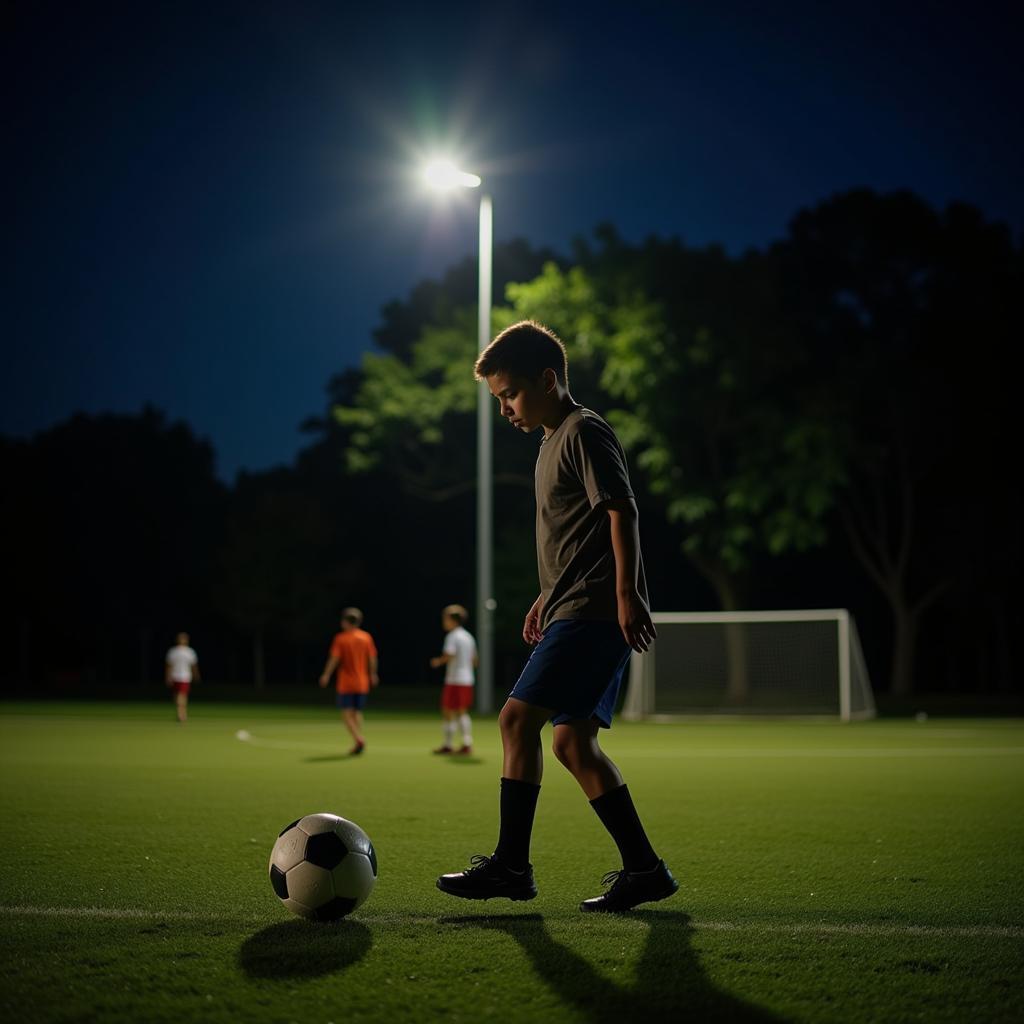 Yamal as a teenager practicing football at night