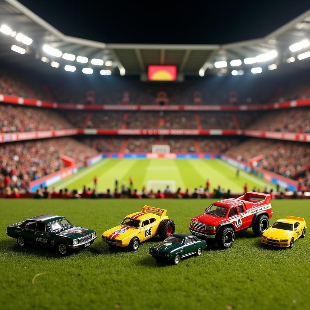 A diorama showcasing Yamal-themed diecast cars, including a replica of a stadium and miniature figures of fans.