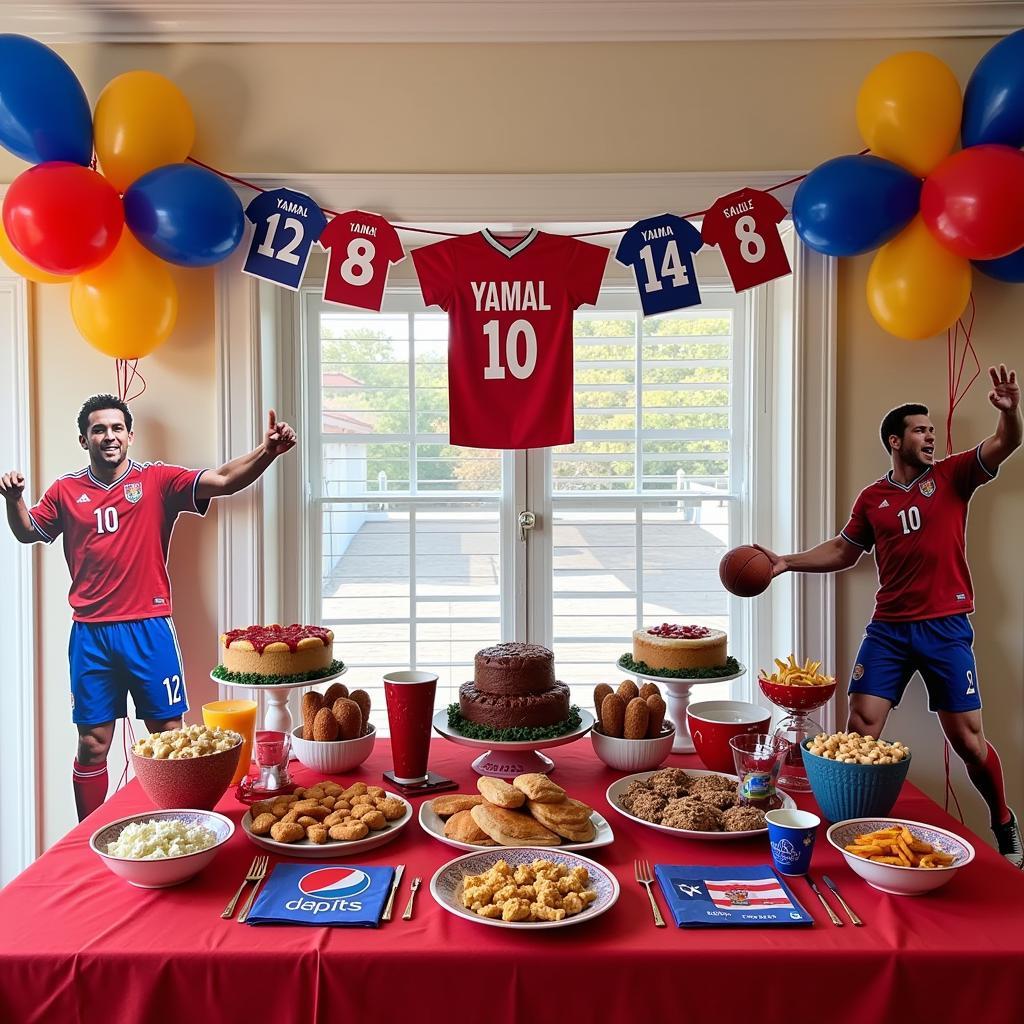 Yamal themed kit party decorations with banners, balloons, and cutouts.