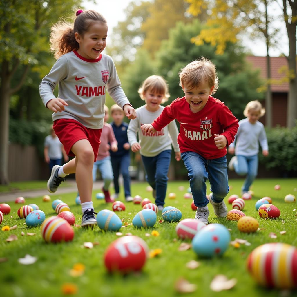 Children Hunting for Yamal-Themed Plush Easter Eggs