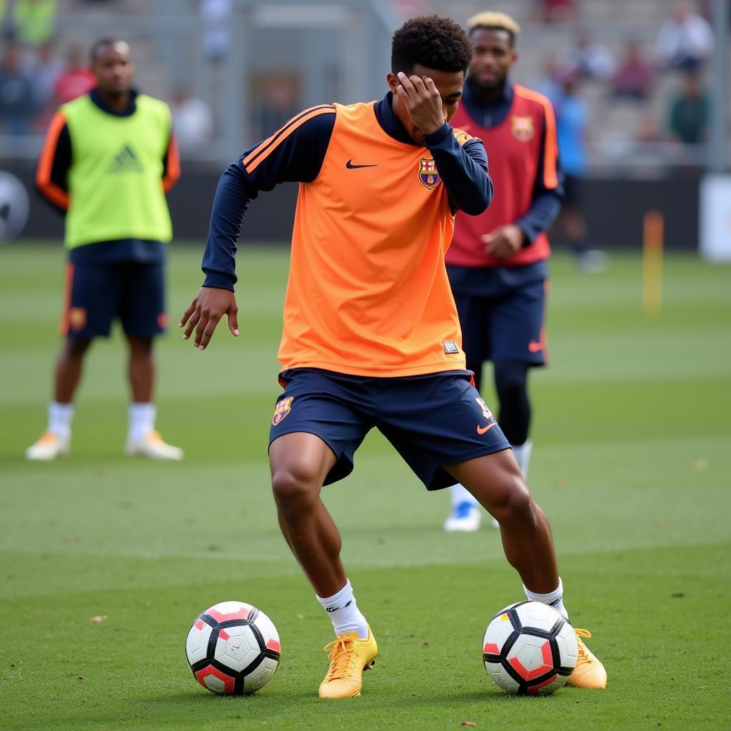 Lamine Yamal practicing dribbling drills during training