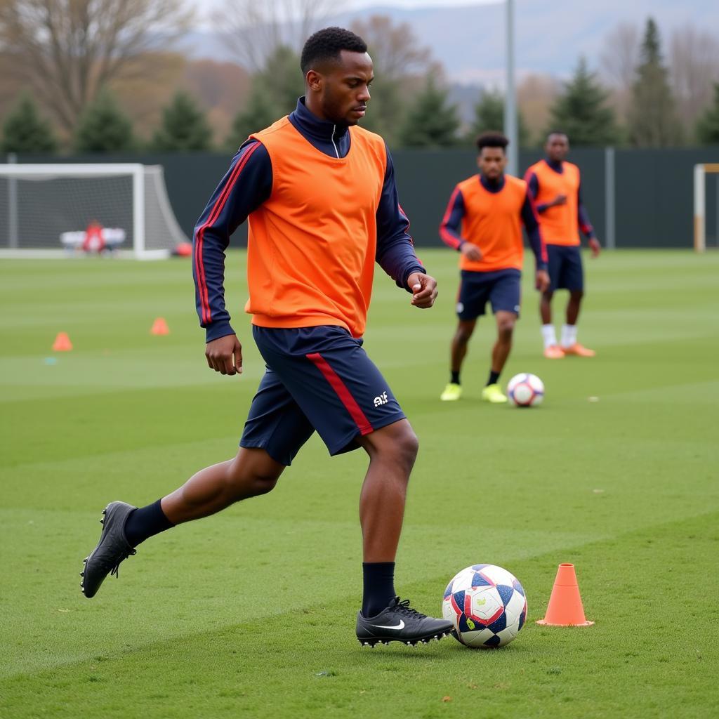 Lamine Yamal practicing various ball control drills, including cone weaving and close control exercises, showcasing his dedication to improving his skills.