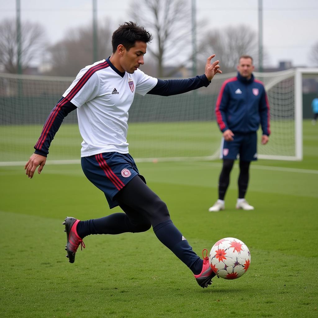 Yamal practicing free kicks during an intense training session, demonstrating his commitment to perfecting his skills.