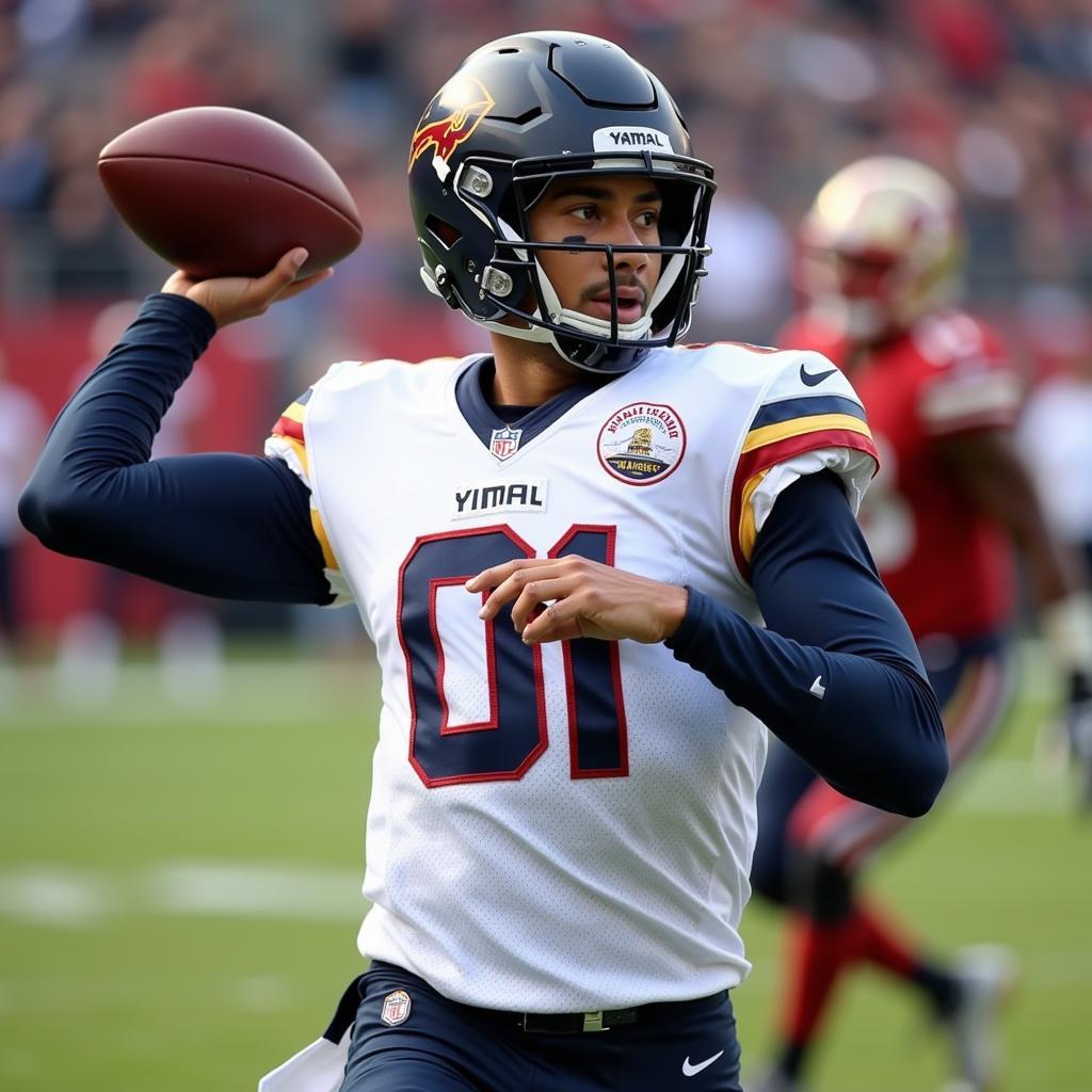 Yamal wearing a qb arm sleeve while making a pass during a football game