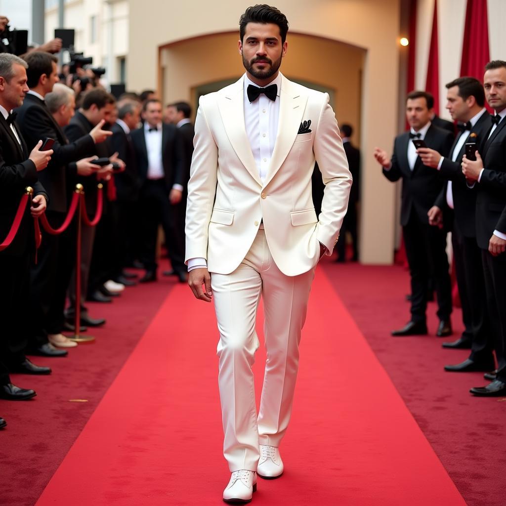 Yamal on the Red Carpet in his White Suit with Gold Accents