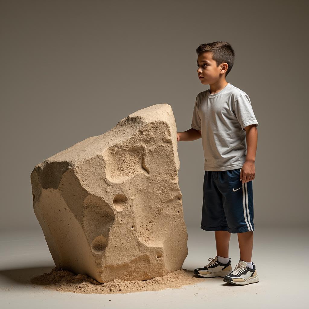 Yamal examining a large sculpture block, possibly considering his next masterpiece.