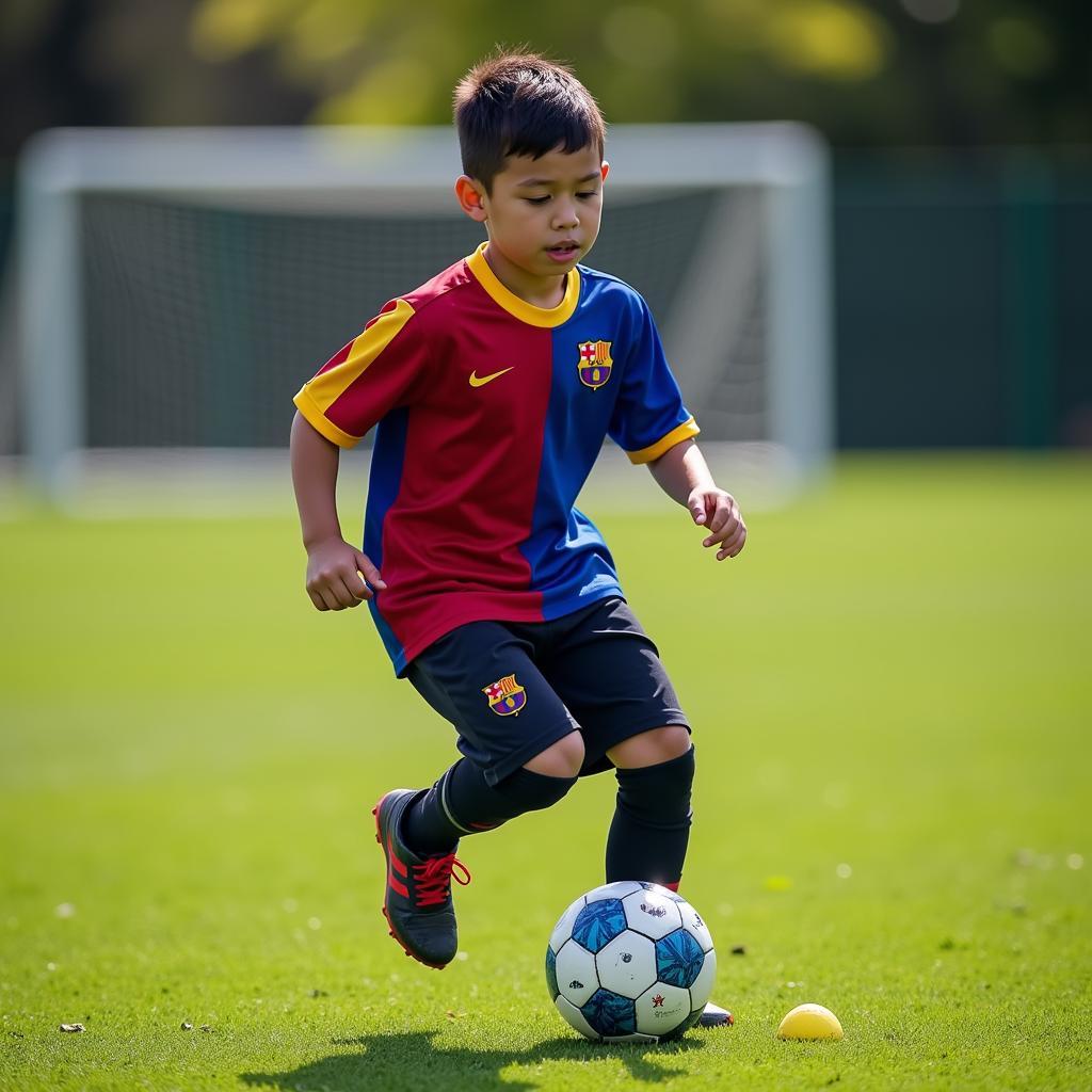 Yamal training with an FC Barcelona Nike ball during his youth.