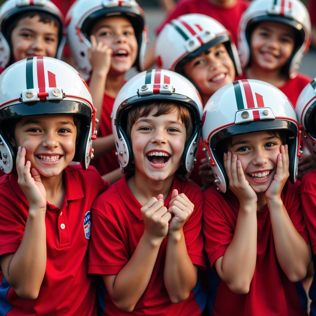 Young football fans wearing miami helmets inspired by Yamal