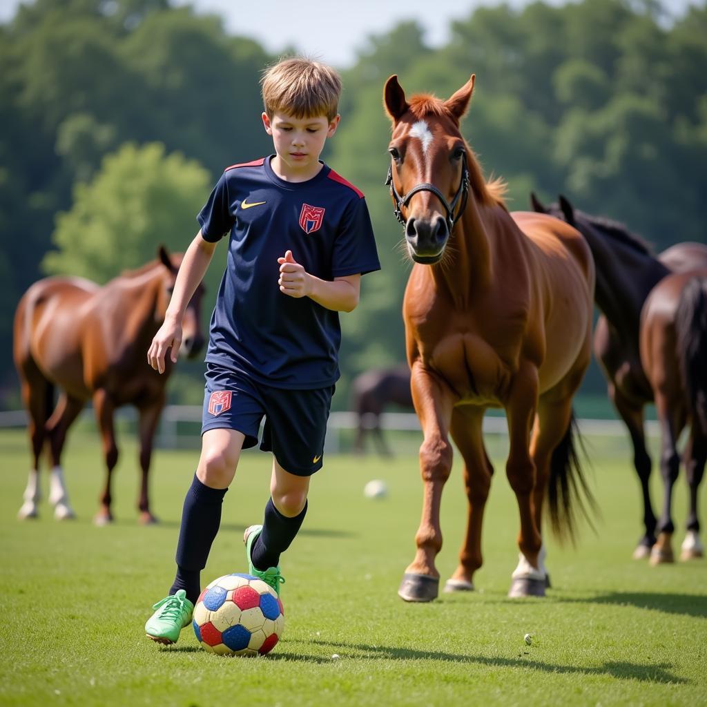 Young footballer training diligently on the field, mirroring the dedication seen on a Pferde farm