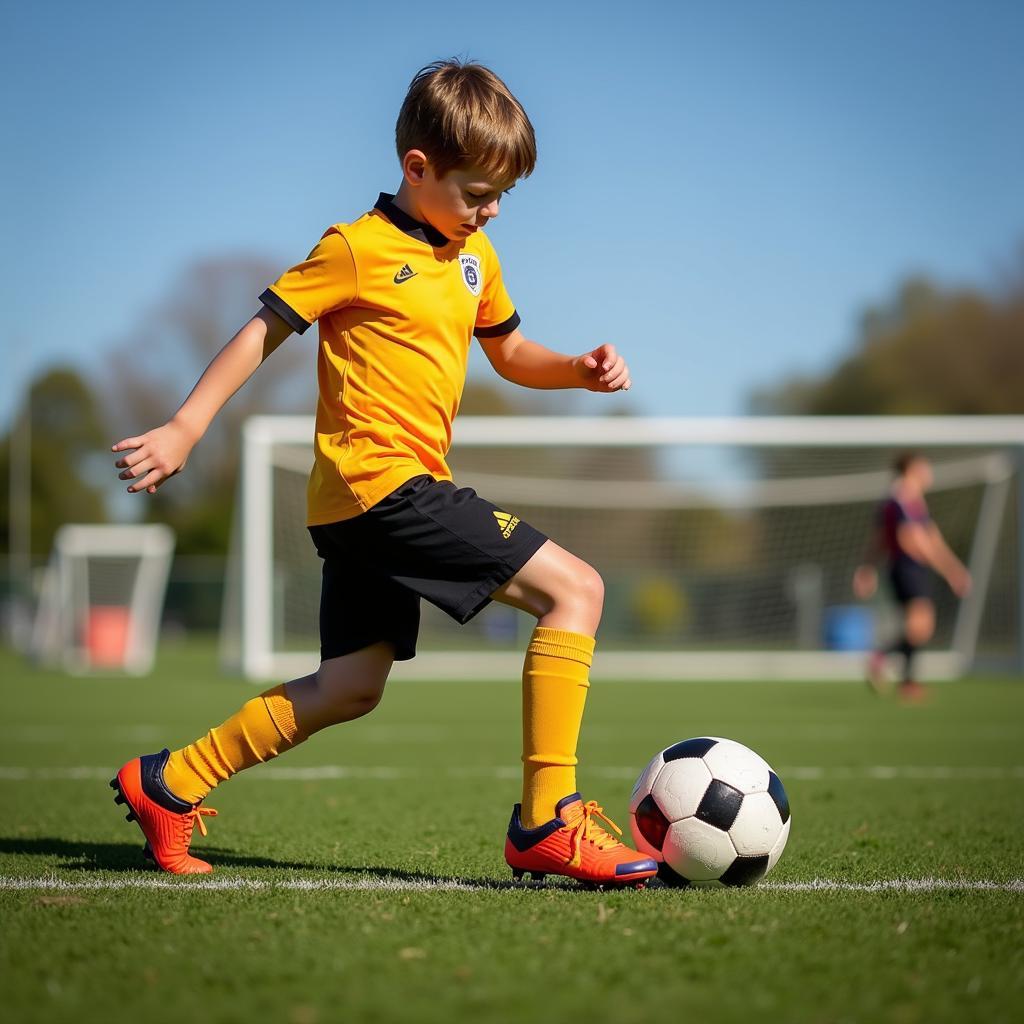 Young footballer wearing Masters Pro V1 boots during practice