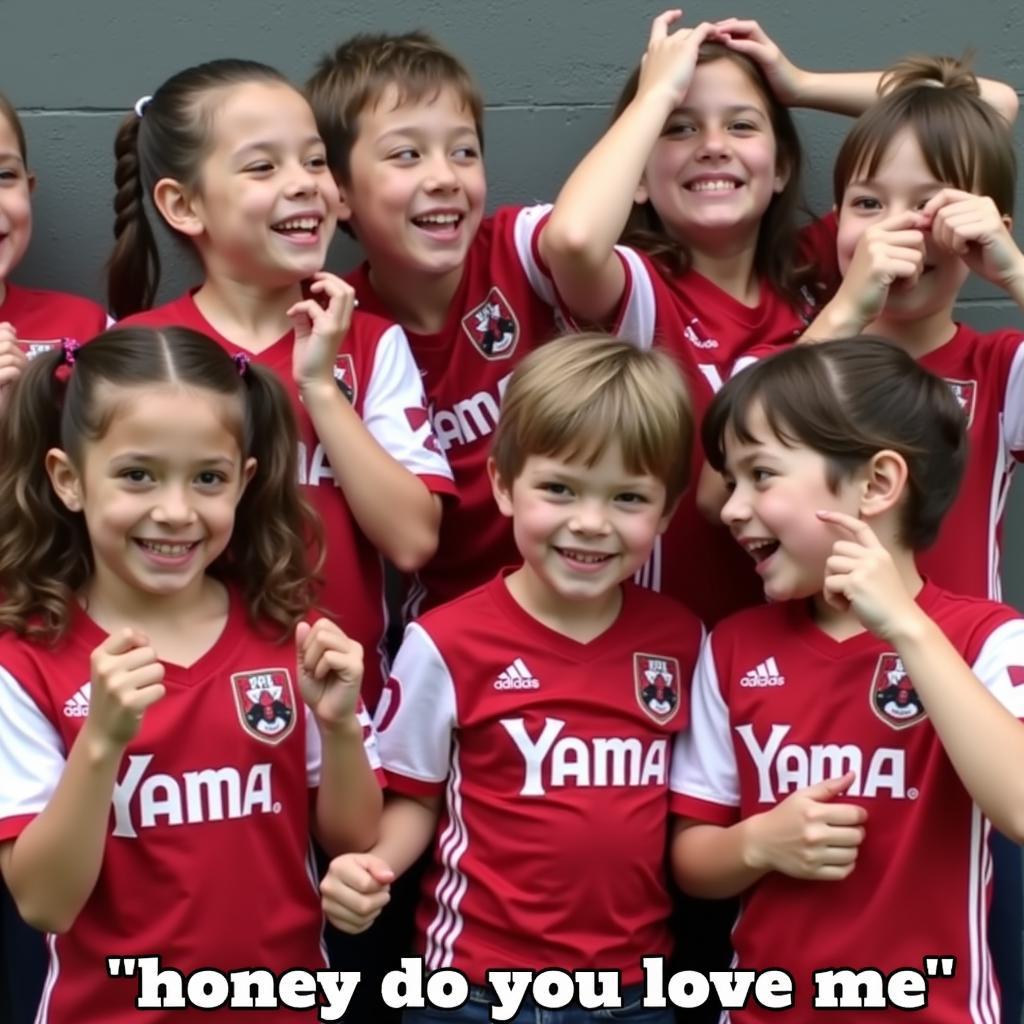 Young Yamal fans playfully interacting, recreating the "honey do you love me" game.