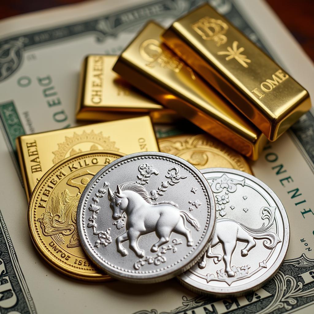 Diversified investment portfolio including zodiac silver coins, gold bars, and stocks.