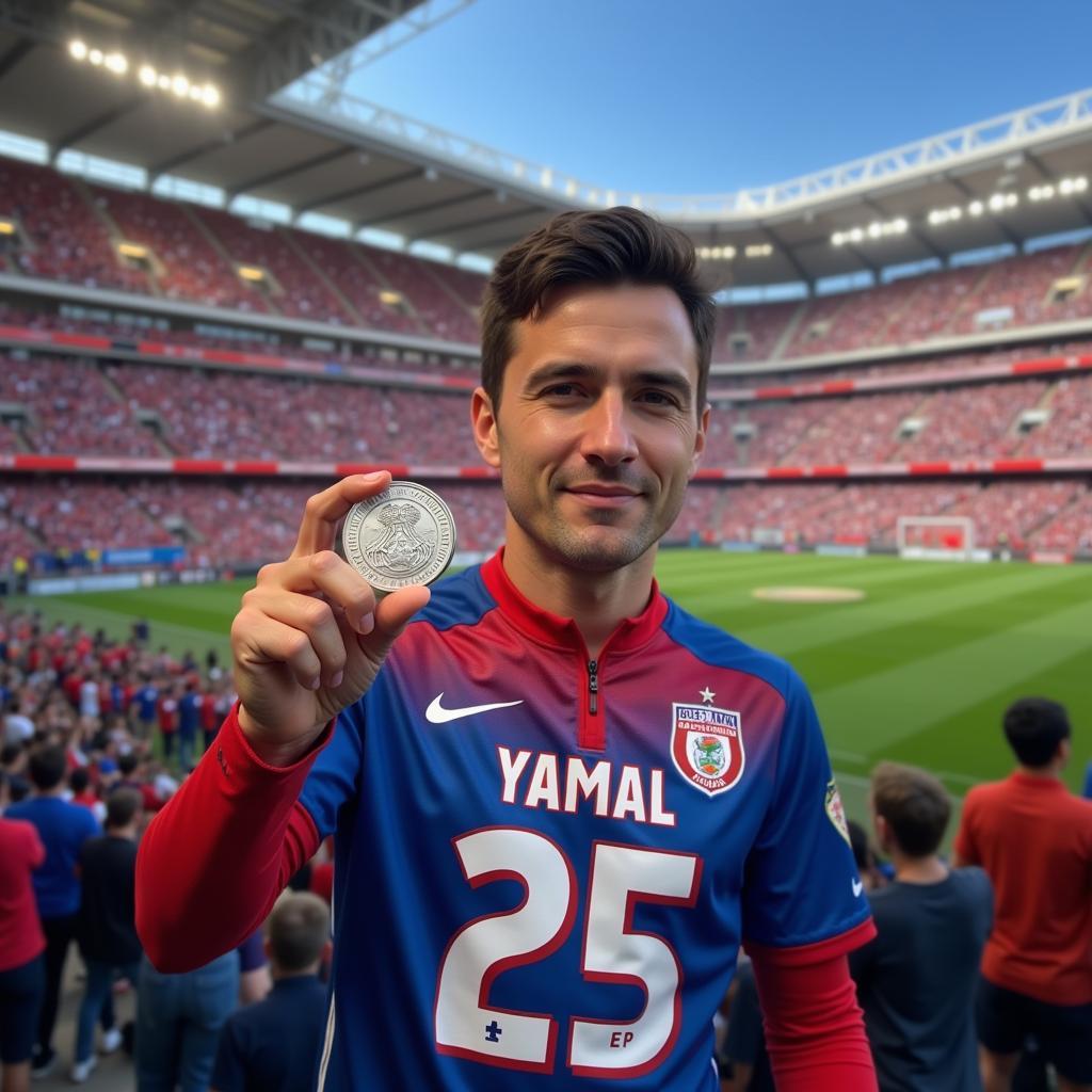 Yamal Fan Holds Up a 25 Pt. Coin