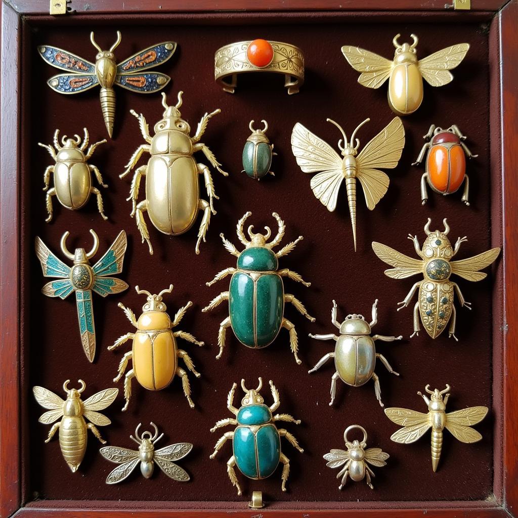 Collection of Antique Bug Jewelry in Display Case