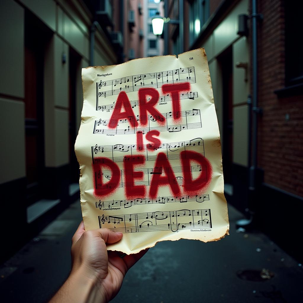 Visual representation of the "Art is Dead" concept with sheet music.