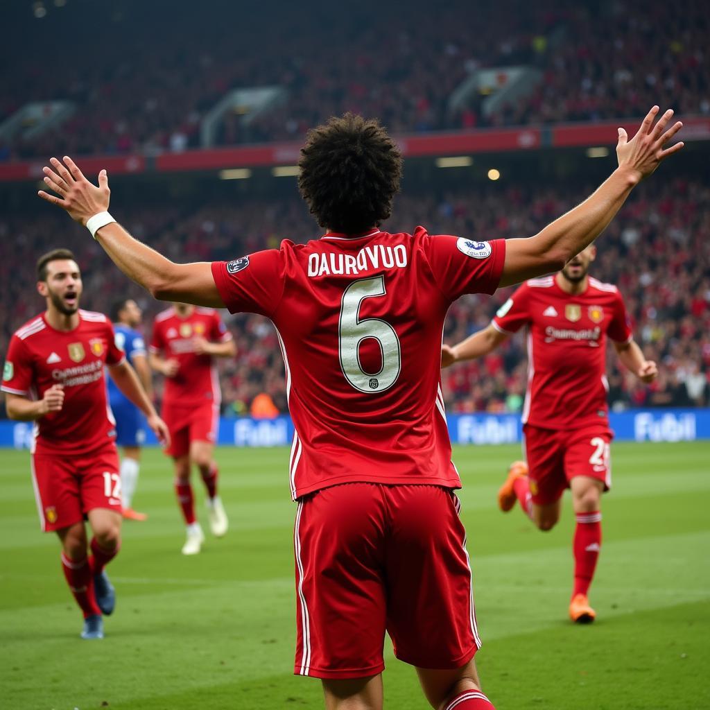 Asfer Angel celebrating a goal with his team and fans.