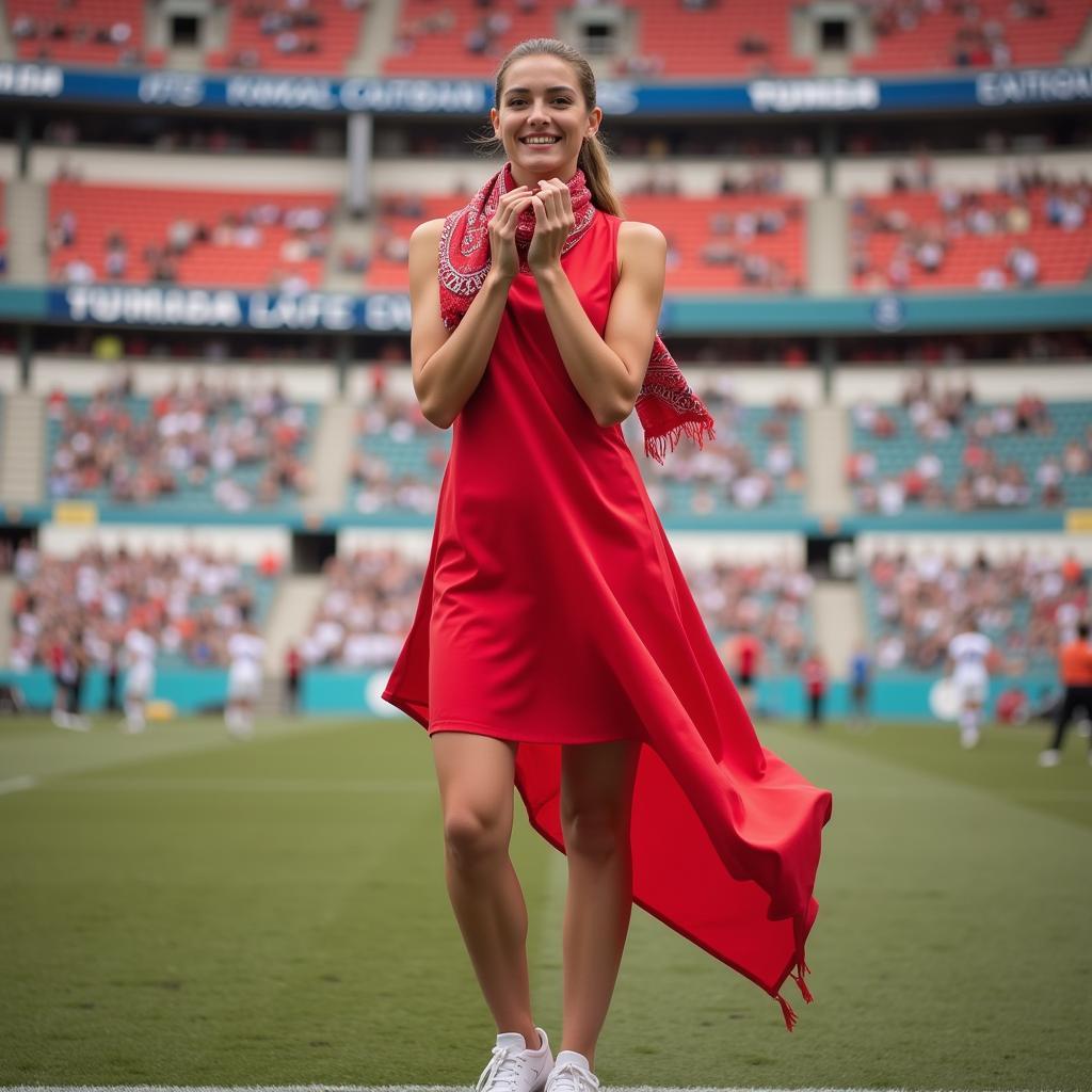 A fan wearing an asymmetrical dress at a Yamal game.