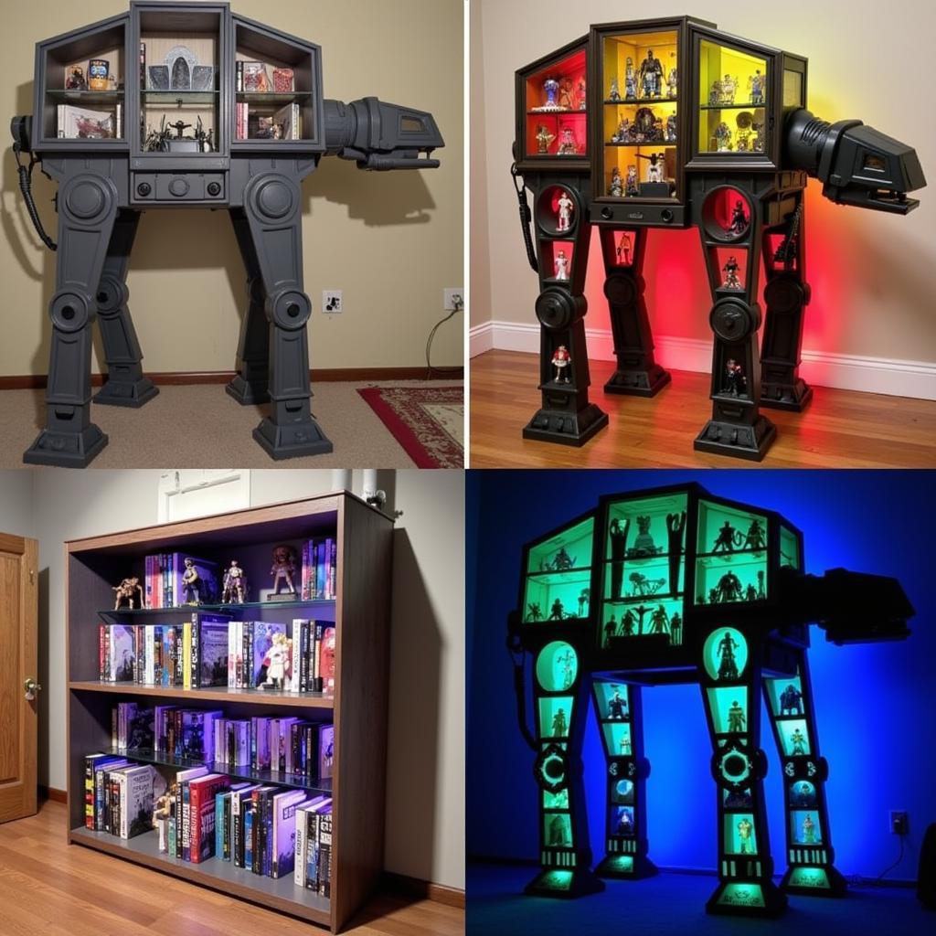 Star Wars AT-AT Bookshelf Styling Ideas:  Examples of creatively styled AT-AT bookshelves, showcasing different arrangements of books, collectibles, and lighting to inspire unique display ideas.