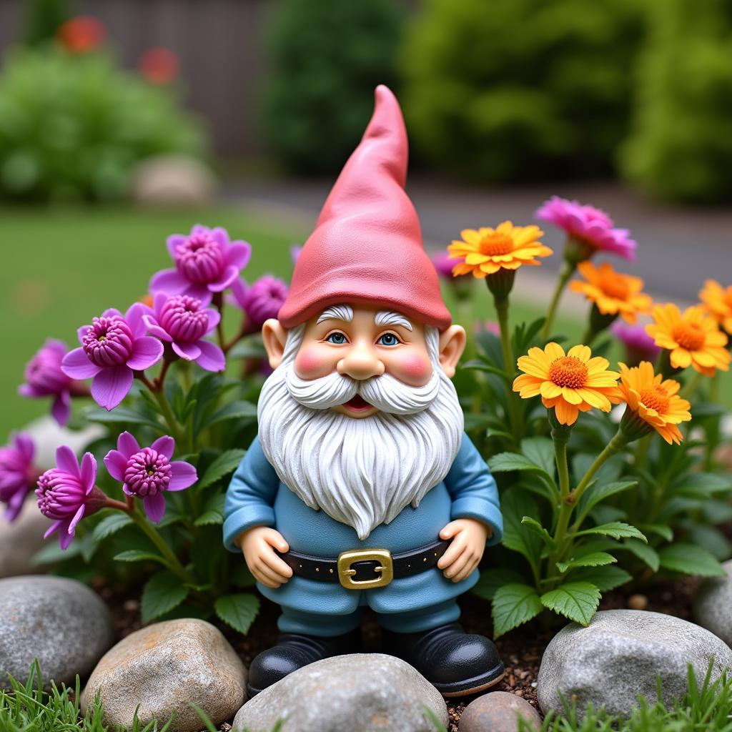 A bald garden gnome sits peacefully amongst vibrant flowers in a well-maintained garden bed.