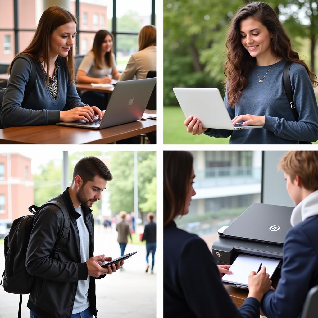 Ball State students using mobile printing on their laptops and phones.