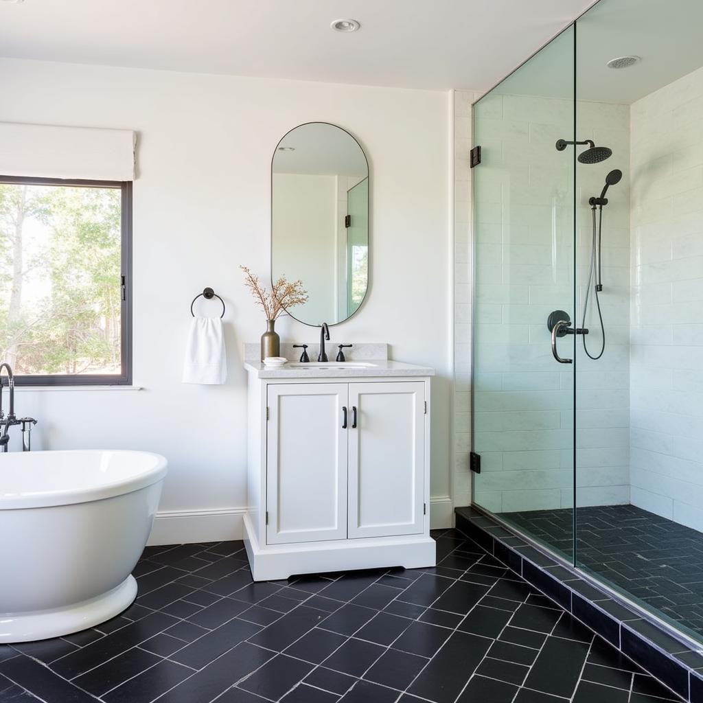 Modern bathroom with black herringbone tile flooring and white walls