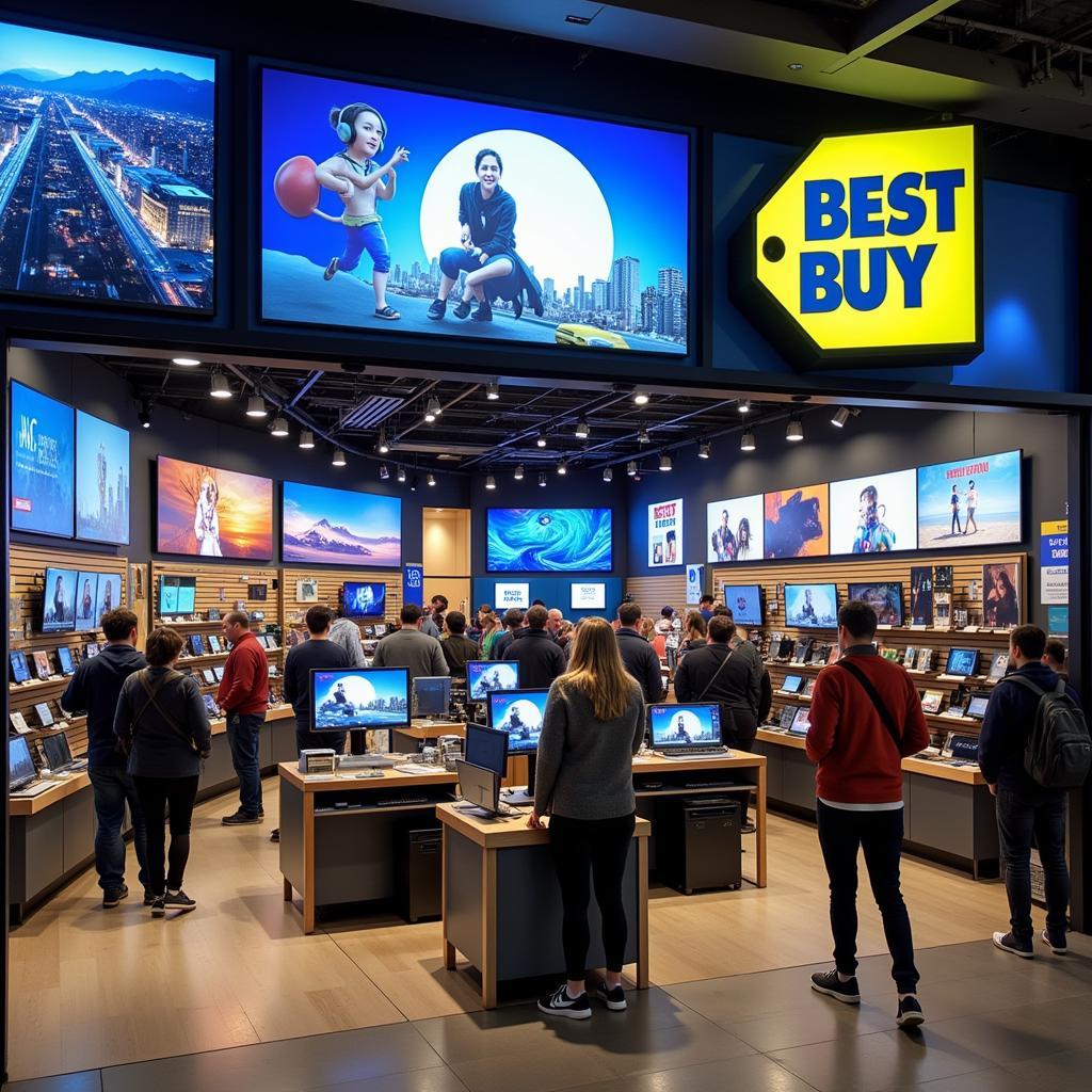 Best Buy storefront in Vancouver, showcasing a wide array of electronics products like TVs, laptops, and smartphones.