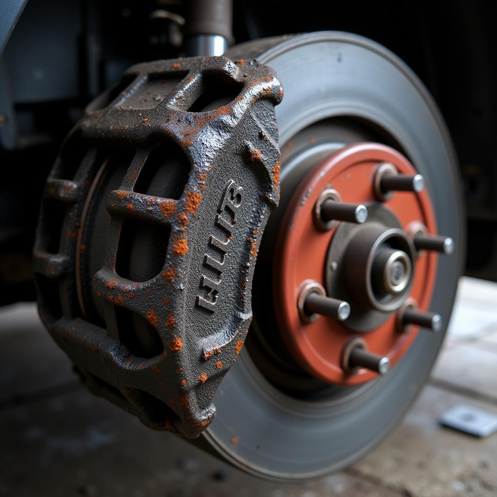 Close-up of Brake Caliper with Heavy Dust Buildup