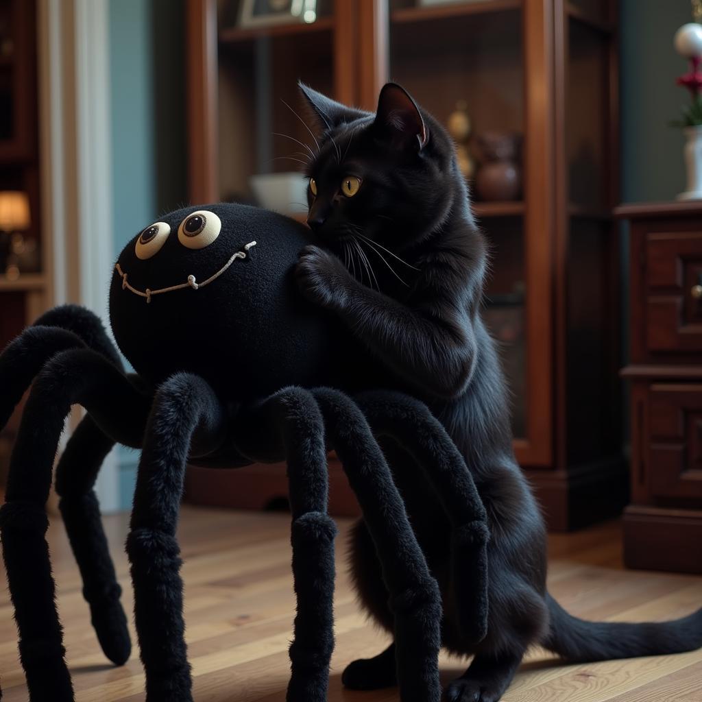 Black cat playing with a spider-shaped goth toy.