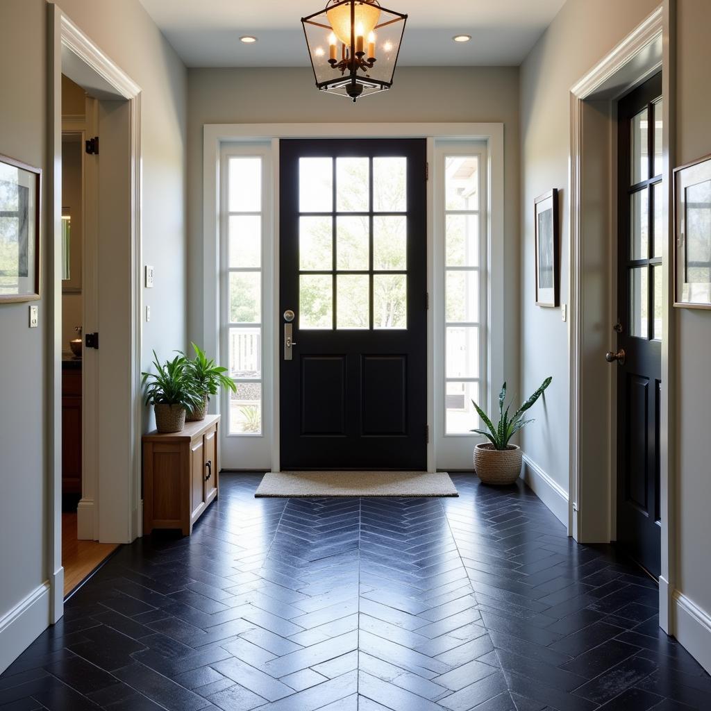 Black herringbone tile in a contemporary entryway