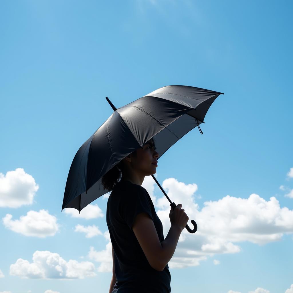 Black umbrella blocking the sun on a bright summer day