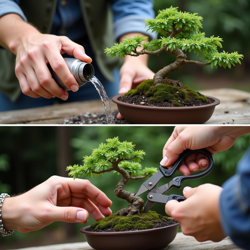 Close-up of hands performing watering and pruning techniques on a decorative bonsai tree.