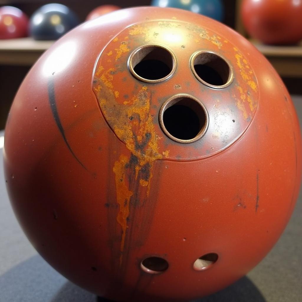 A close-up view of finger and thumb holes drilled into a bowling ball