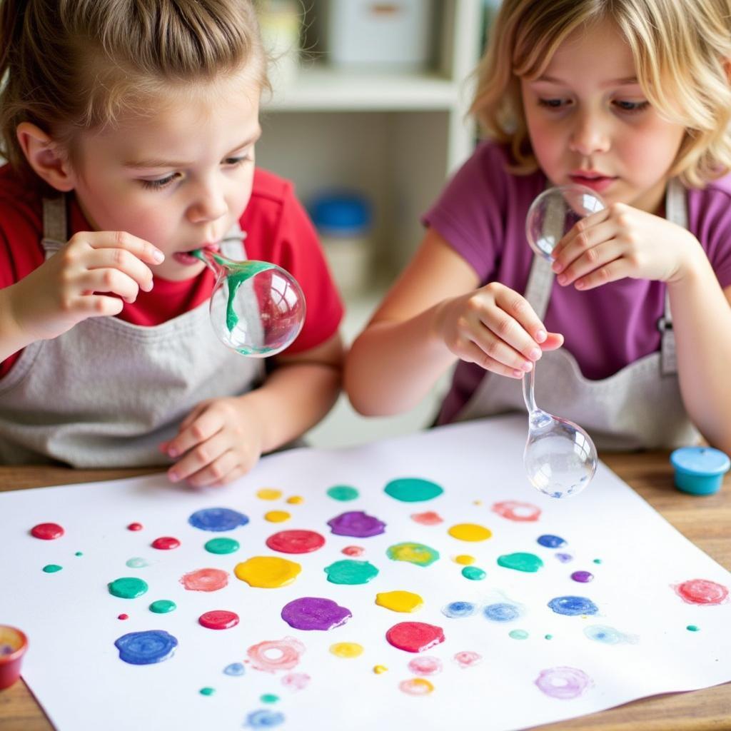 Kids creating bubble art painting