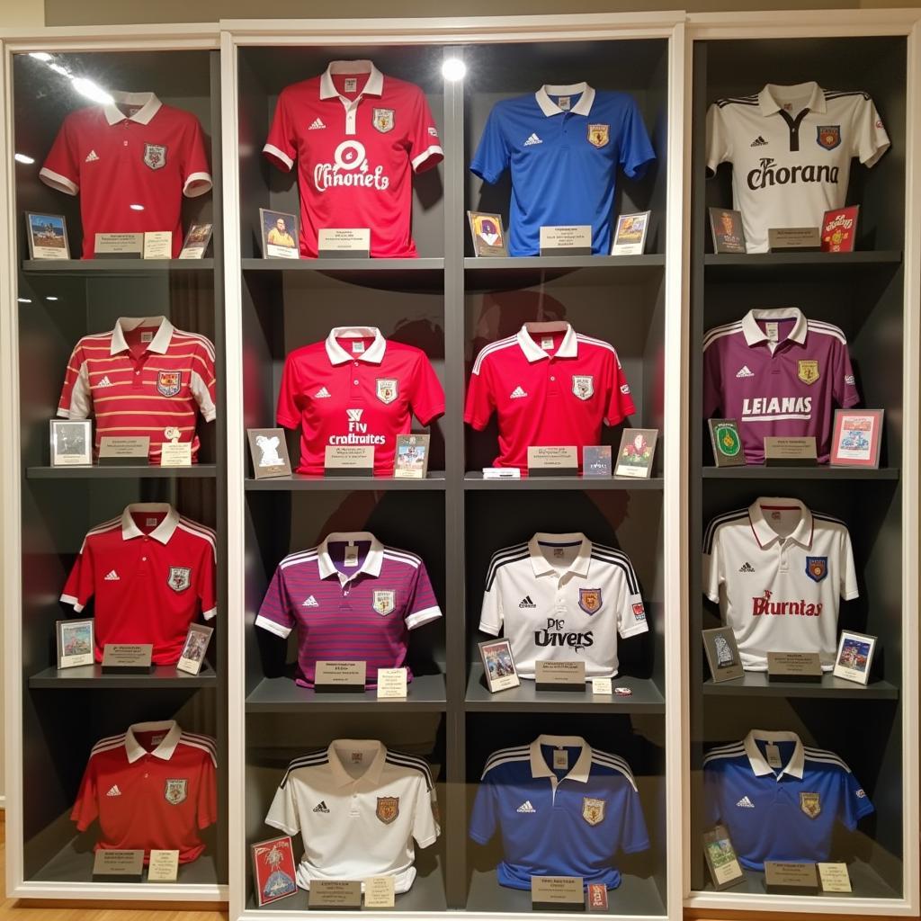 A display case featuring a curated collection of iconic football shirts.