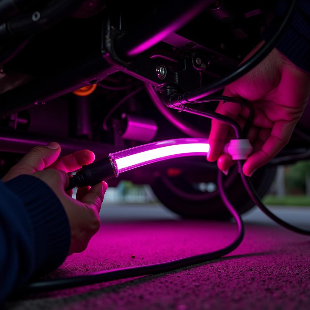 Installing neon lights under a car.