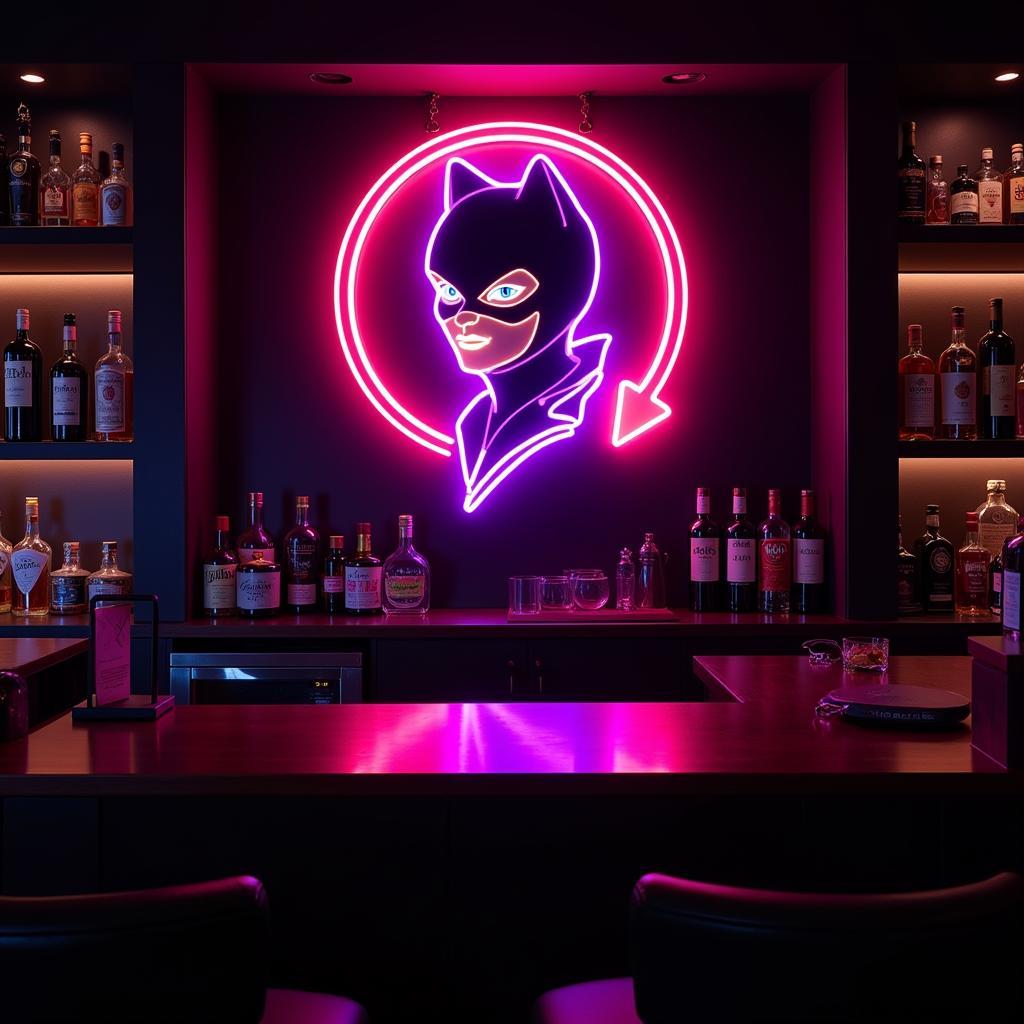 Catwoman Neon Sign Above Bar Counter