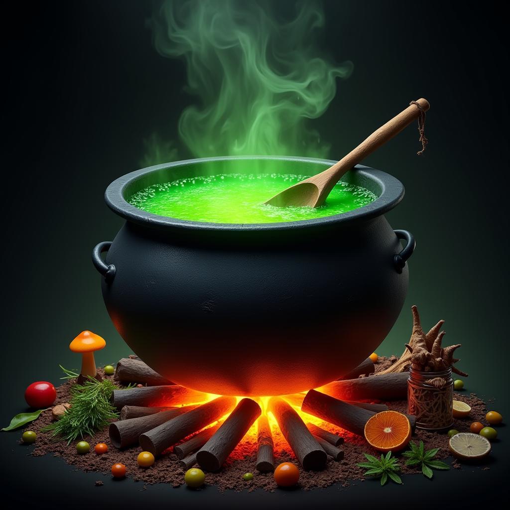 A bubbling cauldron filled with a vibrant green potion, surrounded by various herbs and ingredients.