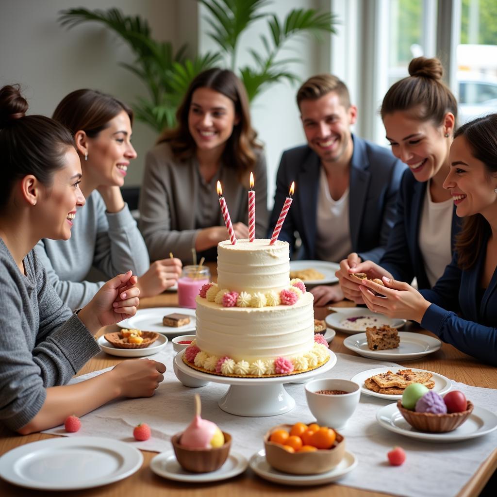 A group of employees enjoying a celebratory lunch with cake and ice cream.