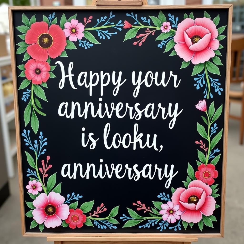 Chalkboard anniversary sign with a hand-drawn floral frame and personalized anniversary message.